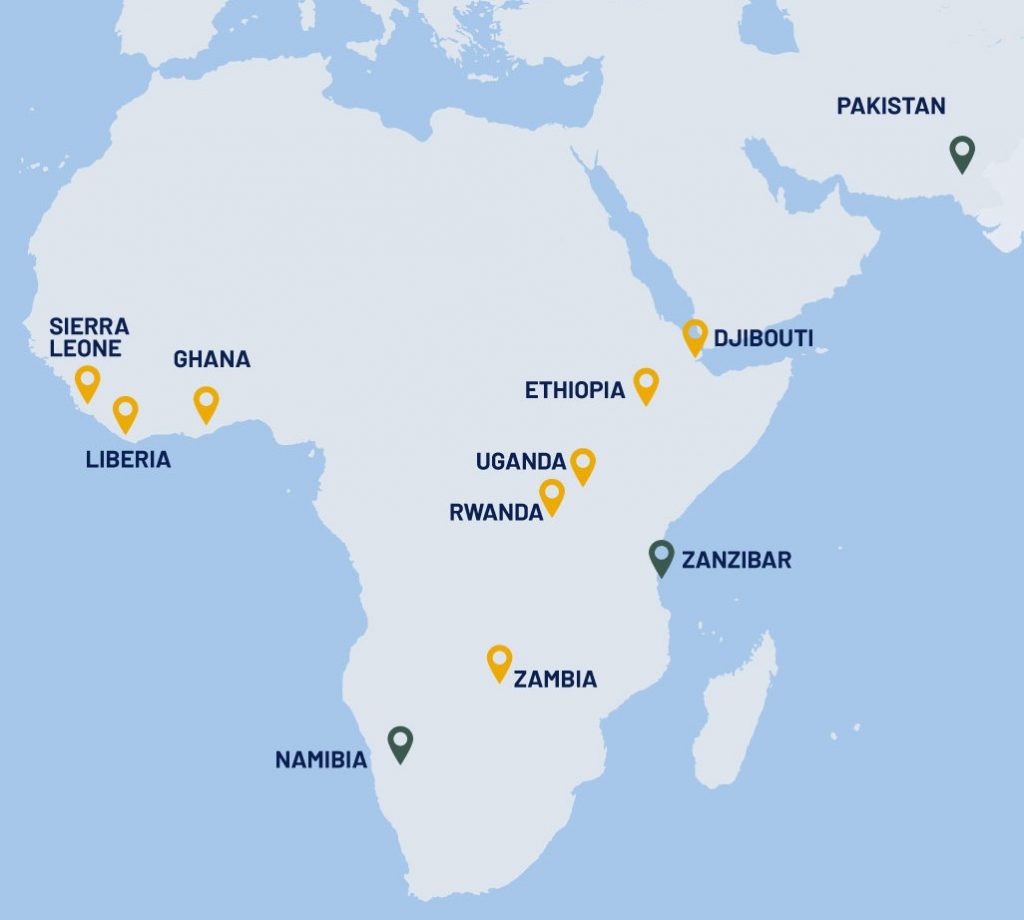 Map of OPF partner countries in Africa and Asia